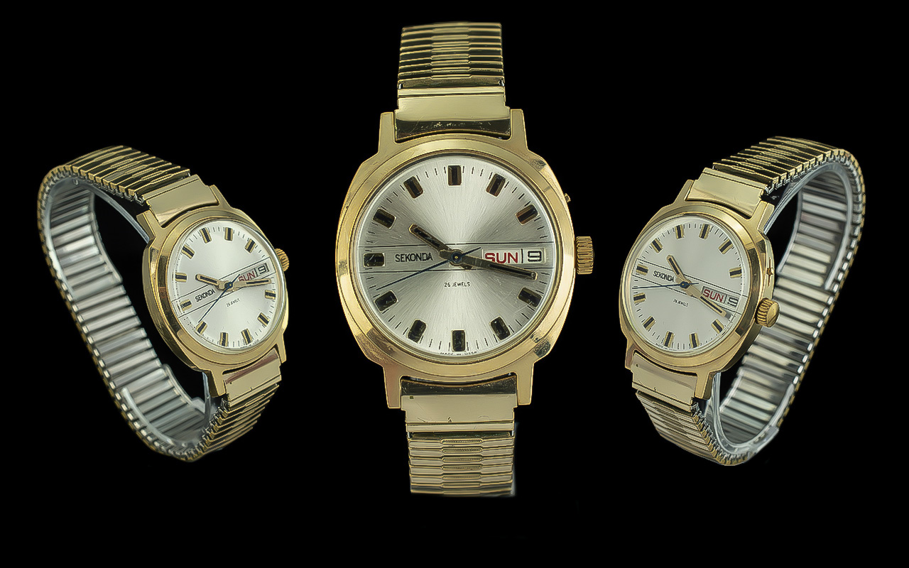 Sekonda Gent's Mechanical 26 Jewels Gold Plated Wrist Watch. Case No. 748365. Circa 1970's, features