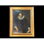 Antique Oil Painting of Pensive Gentleman, wearing a ruffle neck. Framed in a decorative wooden