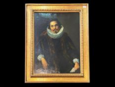 Antique Oil Painting of Pensive Gentleman, wearing a ruffle neck. Framed in a decorative wooden