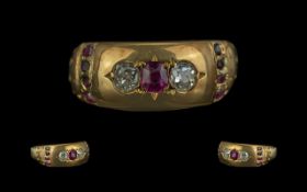 Victorian Period 18ct Gold 3 Stone Petite Diamond and Ruby Set Ring. Hallmark Birmingham 1887.