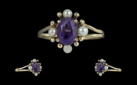 Ladies 18ct Gold Attractive Amethyst and Seed Pearl Set Ring - Marked 18ct to Shank. The Amethyst of