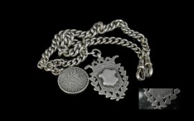 Antique Silver Double Albert Chain with two fobs, stamped for silver on all links; a graduating