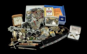 Mixed lot comprising mainly costume jewellery, a few vintage pens, binoculars, metalware, Smiths 8