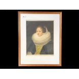 Framed Print of a Tudor Lady, dressed in traditional clothing, pencil signed bottom right, image