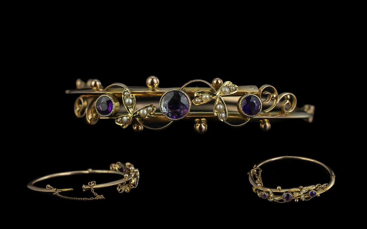 Edwardian Period 1902 - 1910 Superb 9ct Gold Attractive Amethyst and Seed Pearl Set Open Worked