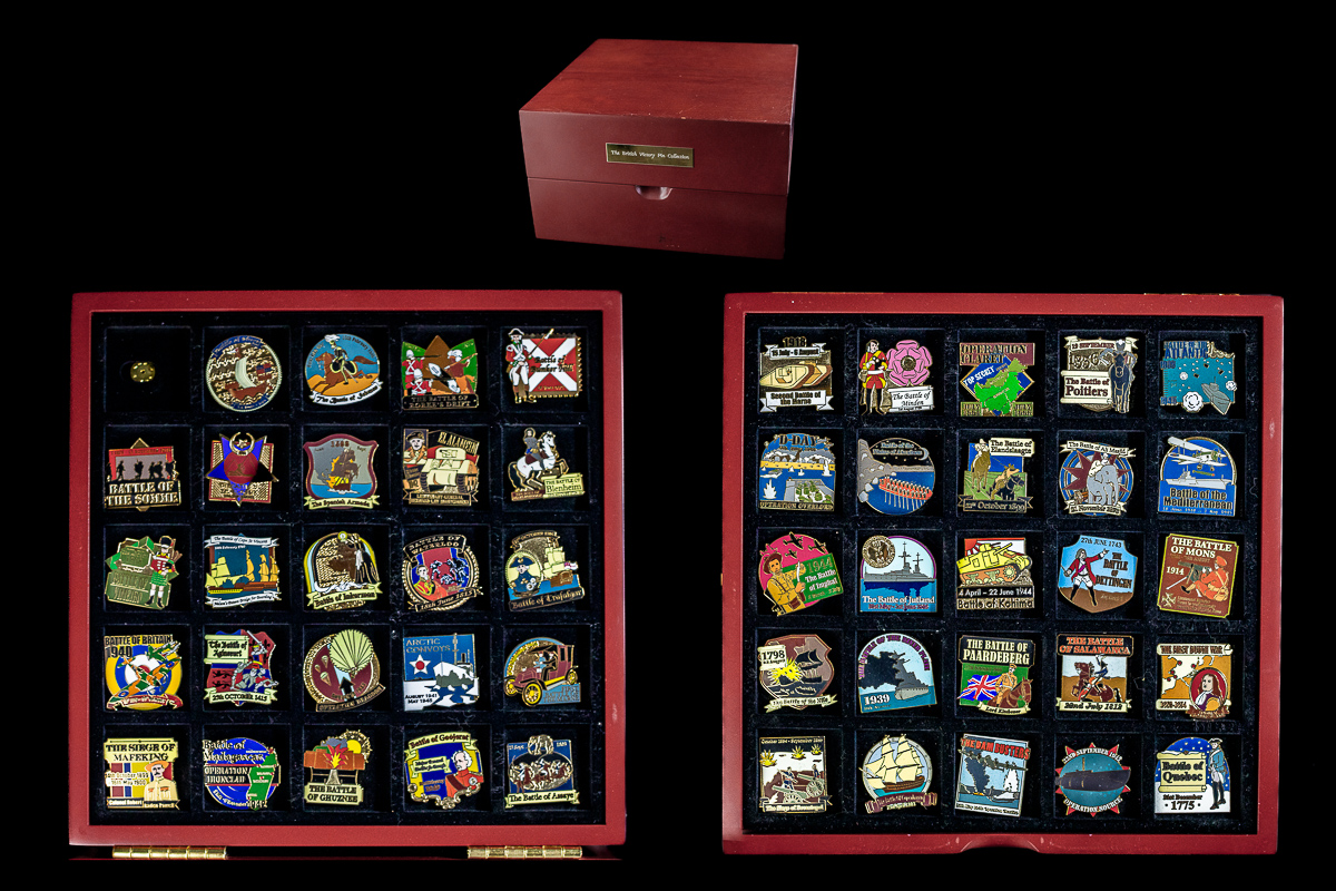 The British Victory Pin Collection From Danbury Mint With Wooden Collectors Display Chest.