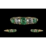 Antique Period 18ct Gold Attractive and Good Quality Five Stone Emerald and Diamond Set Ring,