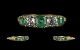 Antique Period 18ct Gold Attractive and Good Quality Five Stone Emerald and Diamond Set Ring,