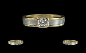 Ladies 18ct Gold Contemporary Single Stone Diamond Ring - Within A Two Tone Gold Setting. Marked 750