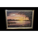 B Muanzas Oil on Canvas - Depicting Coastal Kenyon sunset scene with lake and boat, signed to bottom