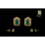 Ladies - Attractive Pair of 18ct Gold Emerald Set Earrings. Marked 18ct. Emerald of Excellent