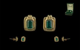 Ladies - Attractive Pair of 18ct Gold Emerald Set Earrings. Marked 18ct. Emerald of Excellent