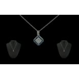 Ladies 18ct White Gold Diamond & Blue Sapphire Set Pendant Drop - With attached White Gold Chain.