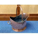 Large Copper Coal Scuttle, helmet style, dimpled effect, handle to top, measures approx. 19'' high x