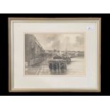 Robert Turnbull Original Ink Wash Painting of Newcastle Quay, mounted, framed and glazed, image