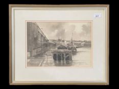 Robert Turnbull Original Ink Wash Painting of Newcastle Quay, mounted, framed and glazed, image