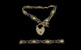 Ladies Attractive 9ct Gold Ornate Fancy Lace Design Amethyst and Pearl Set Bracelet with 9ct gold,
