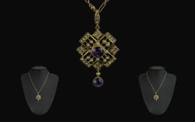 Victorian Period 1837 - 1901 Very Attractive 9ct Gold Ornate Open Worked Amethyst and Seed Pearl Set