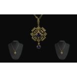 Victorian Period 1837 - 1901 Very Attractive 9ct Gold Ornate Open Worked Amethyst and Seed Pearl Set