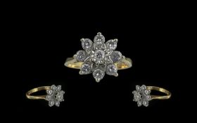 9ct Gold Diamond Cluster Ring, flowerhead setting, round cut central diamond surrounded by eight