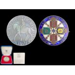 Royal Mint 1977 Silver Jubilee Coin, together with a Victorian enamelled coin brooch.