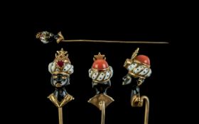 Victorian Period 1837 - 1901 Superb 18ct Gold Novelty Stickpin with Blackmoors Enamel Bust to Top of