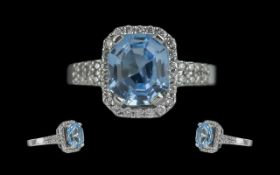 Platinum Ladies Superb Aquamarine and Diamond Set Dress Ring. Marked Platinum to Shank. The