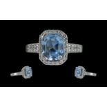 Platinum Ladies Superb Aquamarine and Diamond Set Dress Ring. Marked Platinum to Shank. The