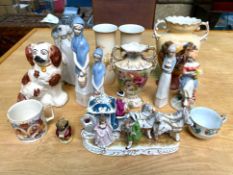 Box of Assorted Porcelain and Pottery, comprising vases, figures, odd cups, jugs, Staffordshire dog,