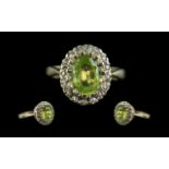 Ladies Attractive 9ct Gold Peridot And Diamond Set Cluster Ring - Full Hallmark To Interior of
