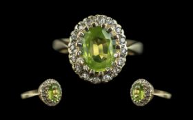 Ladies Attractive 9ct Gold Peridot And Diamond Set Cluster Ring - Full Hallmark To Interior of