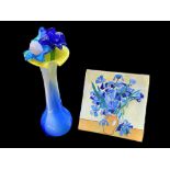 Murano Glass Vase with glass flowers, in shades of blue and yellow. Measures 12'' tall, with two