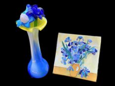 Murano Glass Vase with glass flowers, in shades of blue and yellow. Measures 12'' tall, with two