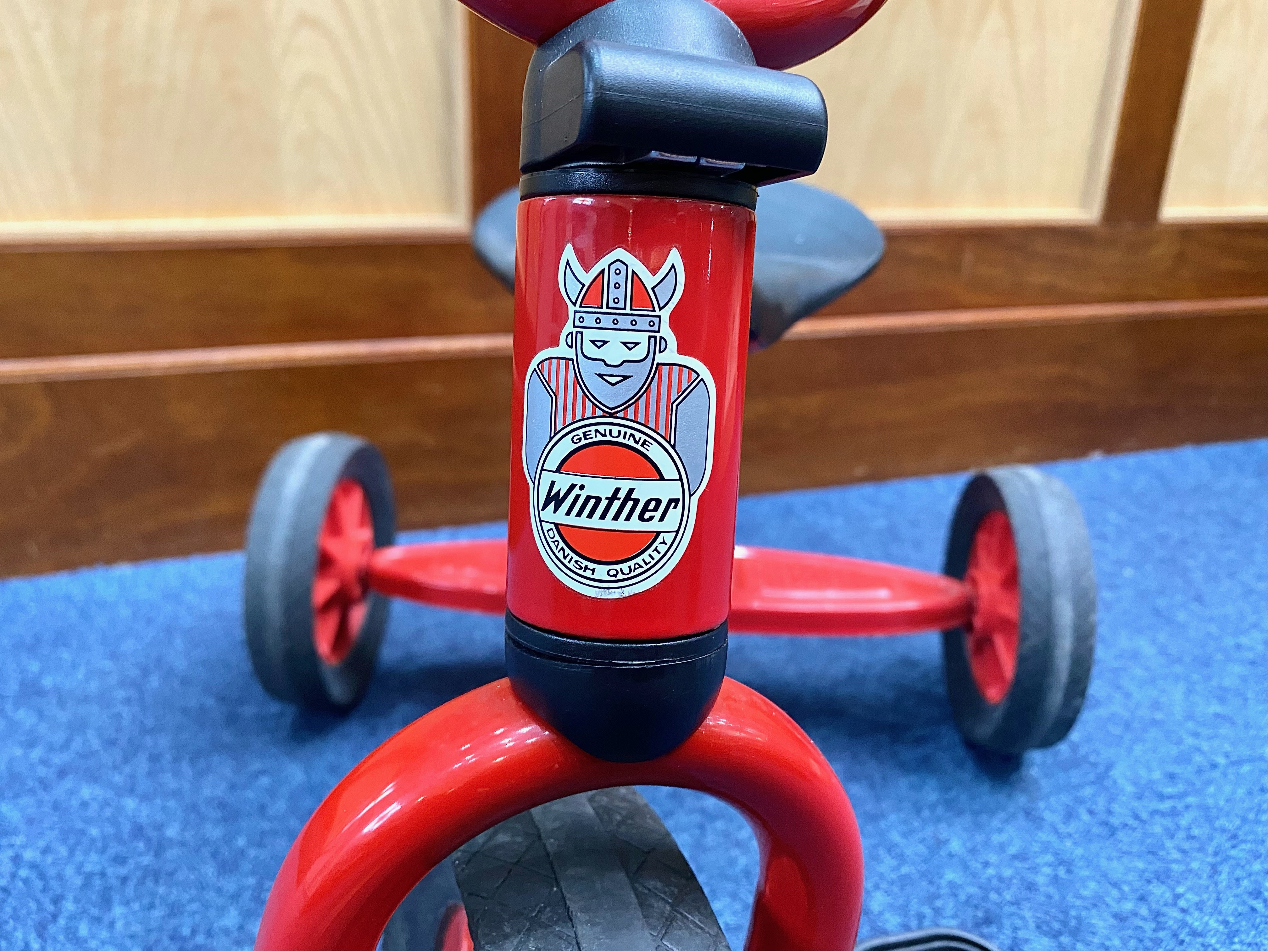 Child's Winther Tricycle, made in Denmark, red rust-proof finish with black saddle and three wheels. - Image 2 of 4