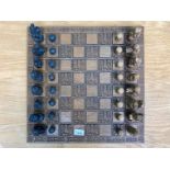 Large Chess Set, with full set of chess players intricately finished, board measures 18'' square. In