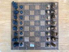 Large Chess Set, with full set of chess players intricately finished, board measures 18'' square. In