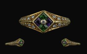 Ladies 18ct Gold Attractive Multi Gem Set Diamond, Emerald and Amethyst Set Ring, With Diamond Set