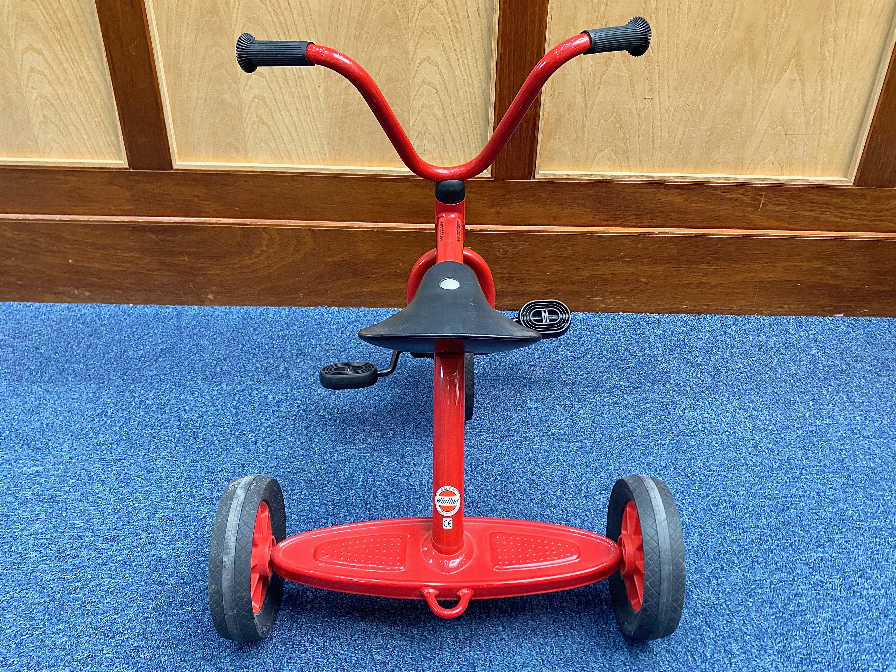 Child's Winther Tricycle, made in Denmark, red rust-proof finish with black saddle and three wheels. - Image 3 of 4