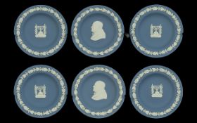 Wedgwood Blue Jasper 6 x Round Sweet Dishes Embossed ' Menorah ' and Israel Written In Hebrew. All