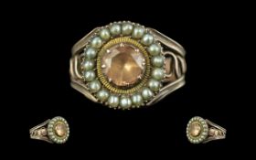 George III 9ct Gold Stone and Seed Pearl Set Dress Ring. Excellent Design, Open worked Shank, Fold