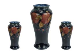 William Moorcroft Signed Superb Quality Vase of Wasted Form. Pomegranates Design on Blue Ground.