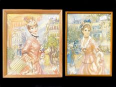 Pair of Stevens French Prints, depicting ladies in Paris setting, framed and glazed, largest 'La