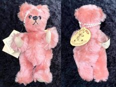 Bocs Teganau Bear, Limited Edition 76/200, pink plush fur with a bead headband, 8'' tall.