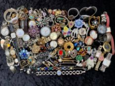 Box of Costume Jewellery, including brooches, ladies and gents watches, bracelets, pocket watches,