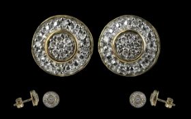 9ct Gold Diamond Set Earrings, circular style set with rows of small diamonds, for pierced ears.