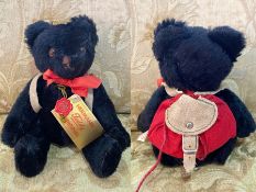 Harmann Original Teddy Bear, black plush fabric, complete with a back pack, moveable limbs, measures