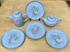 Denby Reflections Set, comprising six pale blue dinner plates, teapot with lid, water jug/coffee