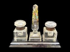 Art Deco Glass Pen Stand, two lidded ink pots and a pen rest, on a black glass base.