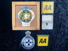 Collection of Car Badges, including three AA, one early example mounted, and an enamel Royal Yacht