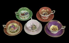 Paragon Bone China Set of 6 Large Tea Cups/Saucers, in assorted colourways of pink, green, amber,